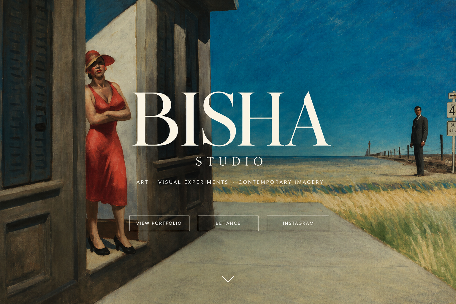 Bisha Studio: artwork of a coastal scene with a woman in red and a distant figure, with the Bisha Studio name and navigation labels